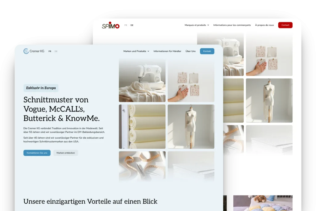 Es werden zwei sich überschneidende Webseiten gezeigt. Die Vorderseite zeigt eine Nähmaschine, Stoffrollen und Kleider an Schaufensterpuppen, mit deutschem Text über exklusive Nähmuster von großen Marken. Die Hintergrundseite weist ein ähnliches Layout auf.