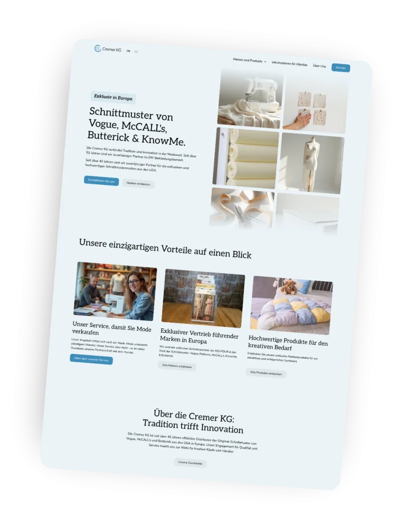 Eine deutschsprachige Homepage stellt Nähmuster-Marken und kreative Produkte vor. Sie zeigt Bilder von Schnittmustern, nähenden Menschen und gefalteten Stoffen, mit Details zu Service, exklusiven Marken und Produktqualität in eigenen Bereichen.